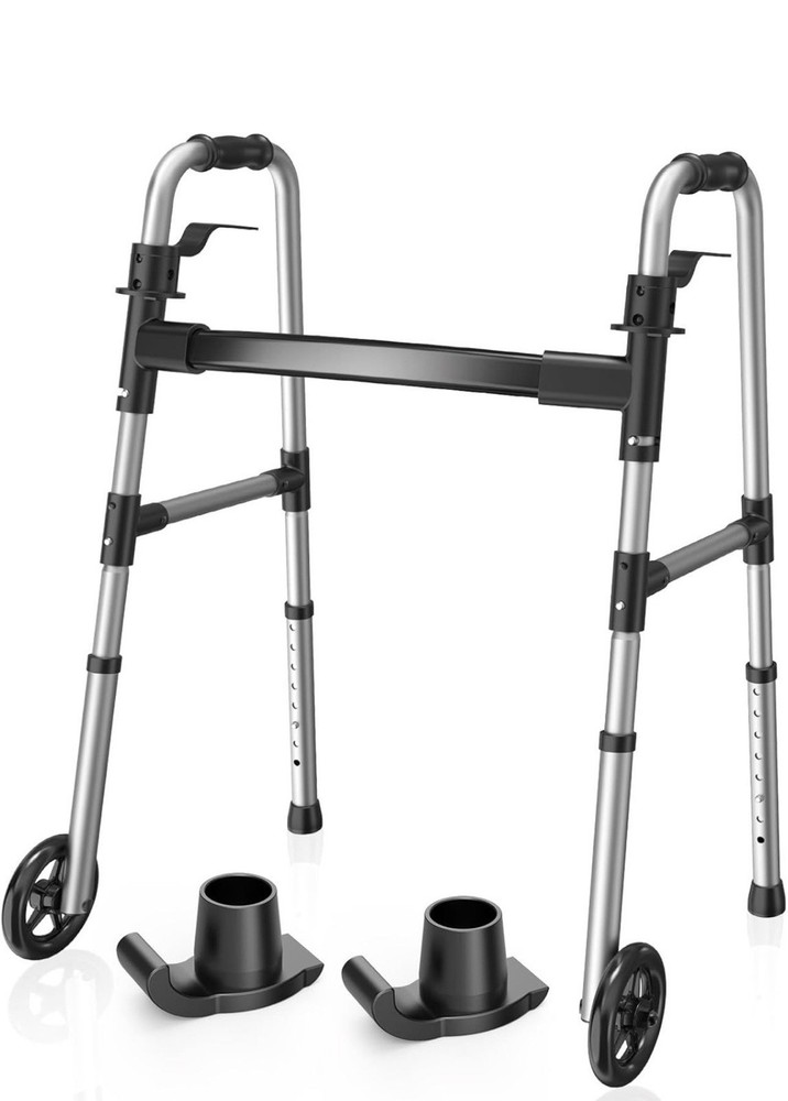 2-Wheel Folding Walking Frame Adjustable Height Aluminum Silver/Black Adult