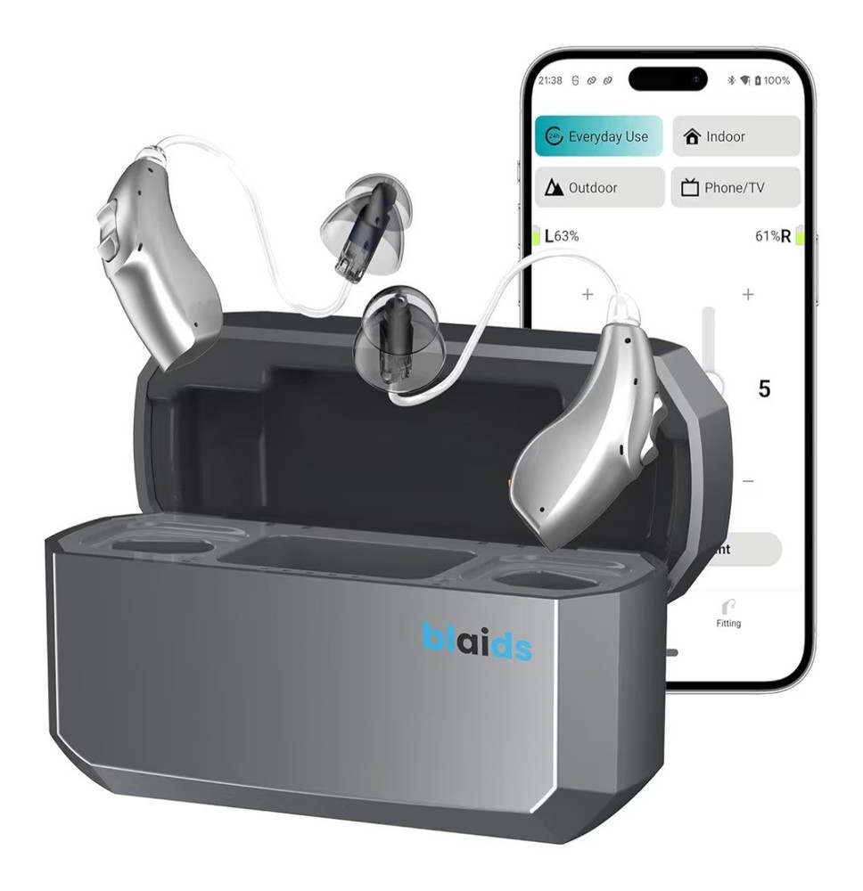 blaids Rechargeable Bluetooth BTE Hearing Aids Both Ears Silver/Gray Case Kit