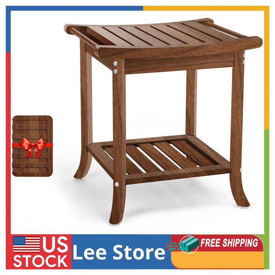 Teak Shower Bench Waterproof Wood Stool with Storage Shelf Non-Slip Bathroom…