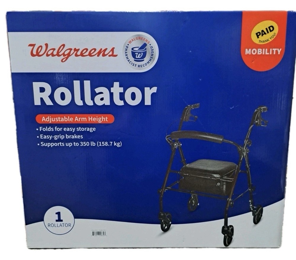 Rollator Walker Walgreens 350 lbs Capacity Steel Folding Padded Seat 6″ Wheels
