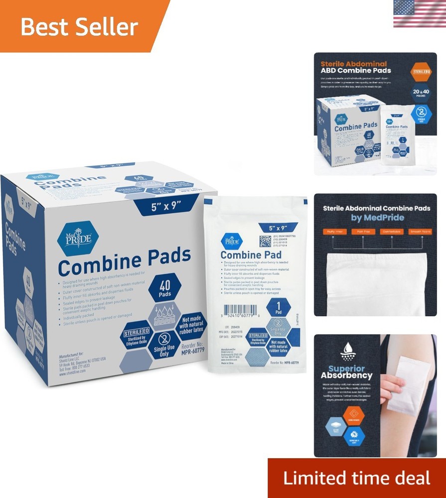 Combine ABD Pads 5 x 9 Inch, 40 Count Sterile Abdominal Pads, High Absorbency…