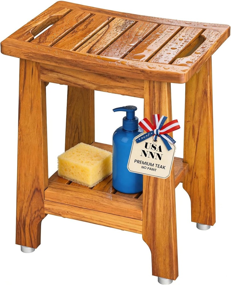 14″ Compact Teak Shower Stool with Shelf & Handle – Waterproof, 300 lbs Capacity