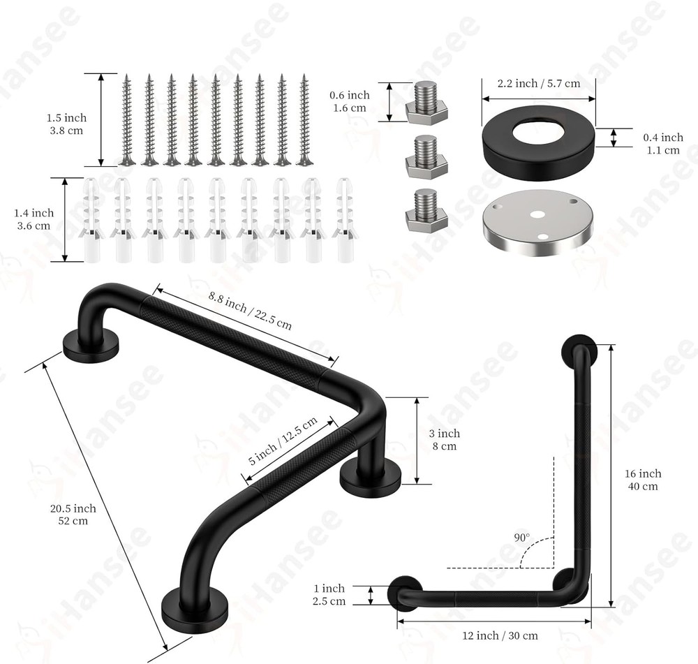 L-Shaped Angled Grab Bar 12×16 Inch Matte Black Anti-Slip Knurled Shower Hand…