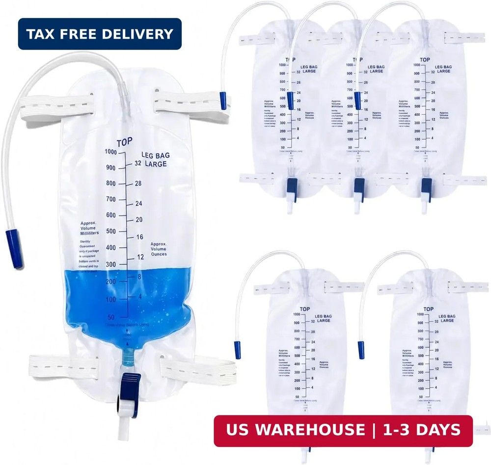 1000ml Urine Leg Bag 6-Pack, Foley Drainage Bags, Leakproof Anti-Reflux Valve, E