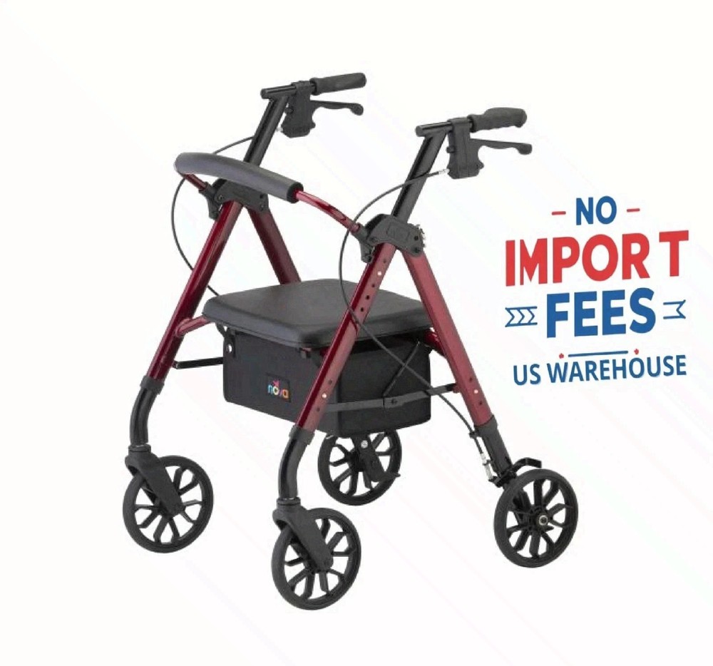 NOVA New Star 8 Rollator Walker Red 8 Inch Wheels Folding Seat 300 lb Cap