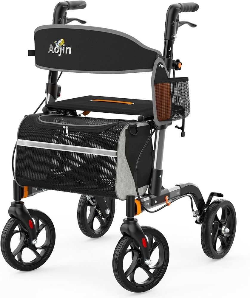 Foldable Rollator Walker w/ 8″ All Terrain Rubber Wheels w/ seat and backrest