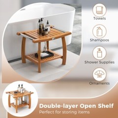 2-Tier Teak Wood Bath Storage Bench Shower Stool With Curved Seat and Handles