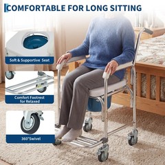 Bedside Commode Chair with Wheels, 350 lb Capacity, 4-in-1 Rolling Shower Chair