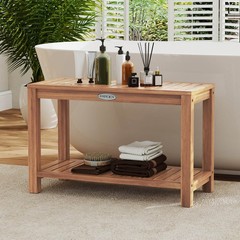 30 Inch Teak Wood Shower Bench Inside Shower Stool w/ Storage Shelf for Adults
