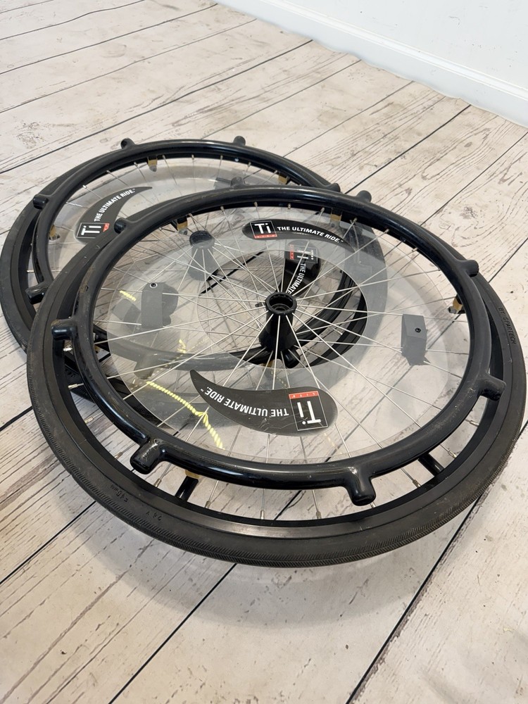 Pair 24″ Quickie TiLite Wheelchair Wheels Solid Tires Projection Handrims Quad