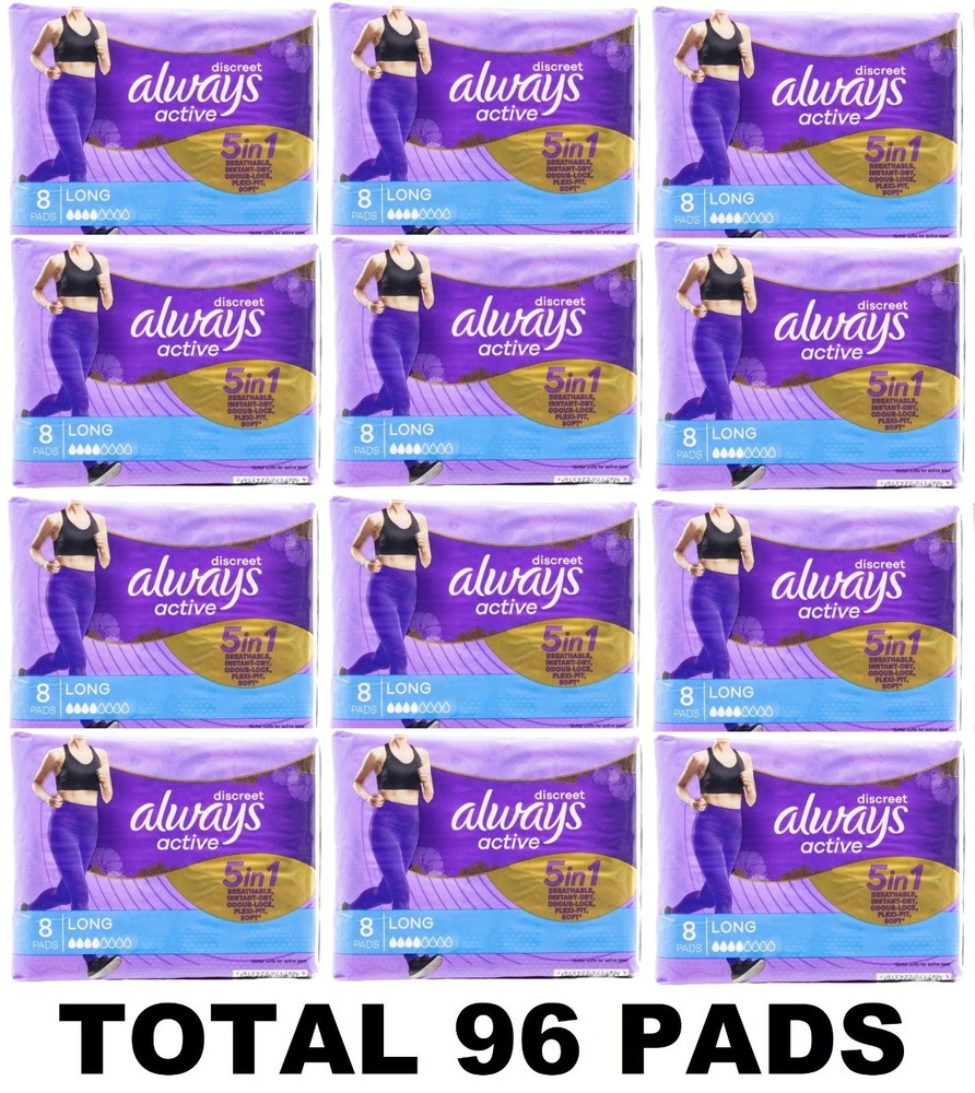 96 x ALWAYS ACTIVE PADS DISCREET 5 IN 1 LONG BRAND NEW (12 x PK8)