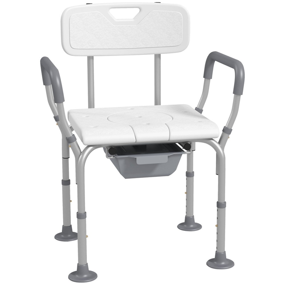 3-in-1 Shower Chair with Back and Arms Height Adjustable Bedside Commode White
