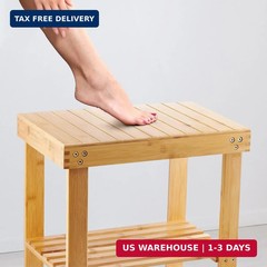VaeFae Bamboo Shower Bench, Spa Bench Seat Stool, Foot Rest Shaving Stool with N