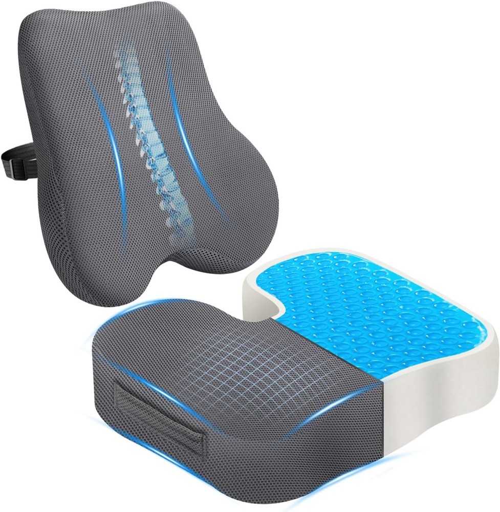 Gel Seat Cushion & Lumbar Support Pillow Set for Sciatica Pain Relief