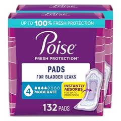 (2pack) Poise Incontinence Pads, 4 Drop Moderate Absorbency, Regular, 132 Count