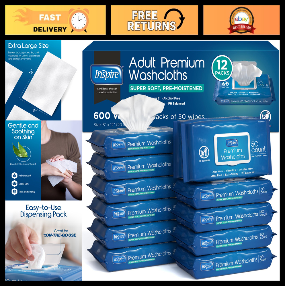 Adult Wet Wipes for Incontinence & Cleansing | 12 Packs of 50 Wash Cloths, 8″x12