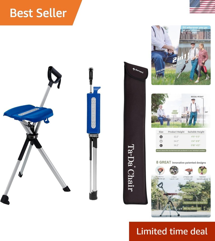 Ta-Da Chair Series 2: Lightweight Portable Walking Stick & Folding Chair, Blue