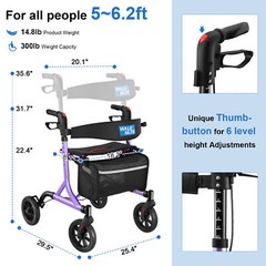 Rollator Walker w/Seat for Seniors 8in Wheels Supports up to 300lbs, Lightweight