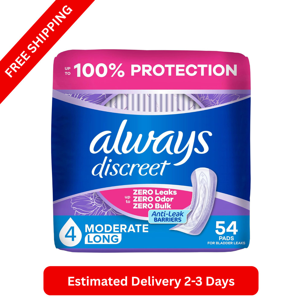Always Discreet Pads Moderate Long 54 Count Bladder Leak Protection Women
