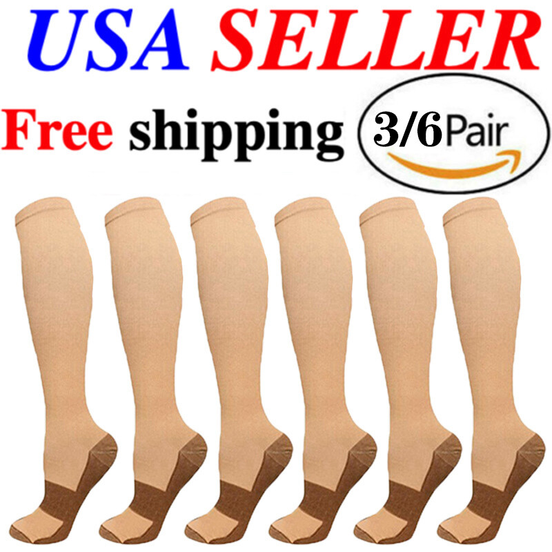 (6 Pairs) Copper Compression Socks 20-30mmHg Graduated Support Mens Womens S-XXL