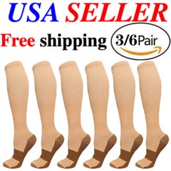 (6 Pairs) Copper Compression Socks 20-30mmHg Graduated Support Mens Womens S-XXL