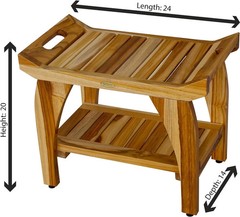 Solid Teak Shower Bench w/Shelf Arms Scandinavian Vibe Bath Spa Safety Seat 24″