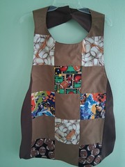 Patchwork Sports/dark brown Adult Bib, Handmade , 35 1/2” by 21 ½”, reversible