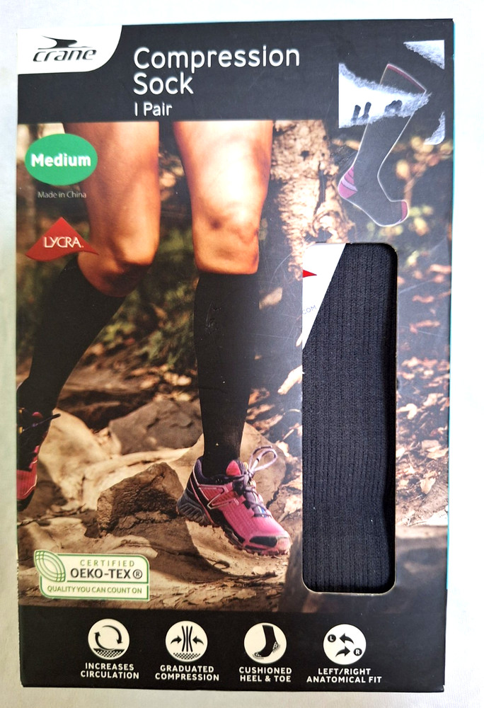 Crane Compression Socks Black Size Medium Unisex Men Women NIB Comfort Fit