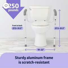 Adjustable Height Toilet Safety Frame, Foam Armrests, Aluminum, 250 lb
