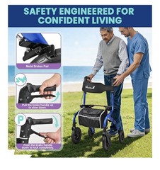 PlanetWalk Super Lightweight Rollator Walker w/Seat Blue, 300lb 10”& 8” Wheel