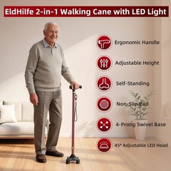 Telescopic Walking Cane with LED Light, Adjustable, Aluminum, Burgundy