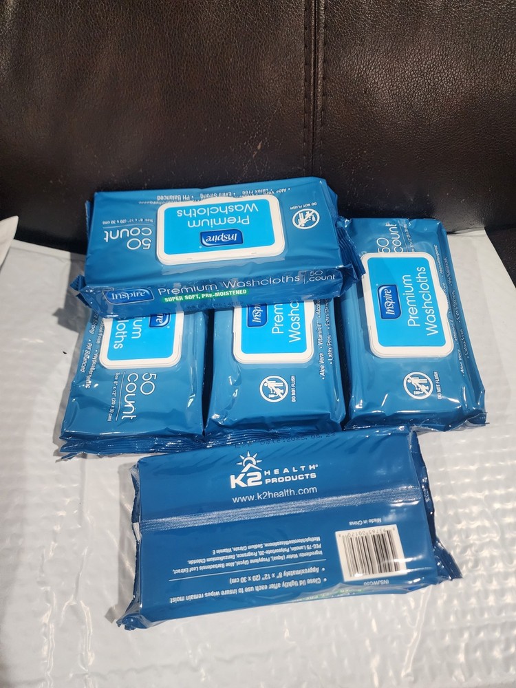 5 Pks Inspire Premium Washcloths Soft Aloe Alcohol & Latex Free 250 Ct Exp 5/25