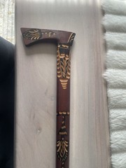 Vintage Polish Folk Art Zakopane Hand Carved Wood Walking Cane Axe Hatchet