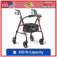 Medline Steel Rollator Walker with Seat, Foldable, Burgundy