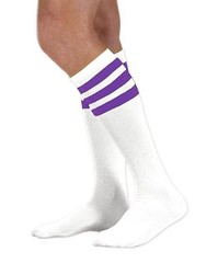 Unisex White Knee High Team Tube Socks with One Size White With Purple Stripes