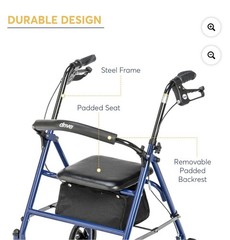 Drive 4-Wheel Rollator Walker, Padded Seat & Removable Backrest, Blue 300 lb