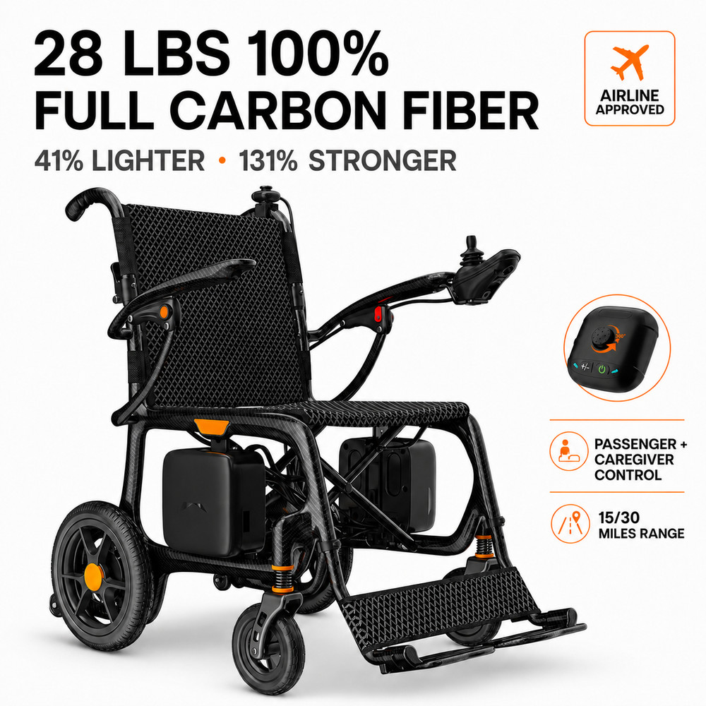 28LB Carbon Fiber Electric Wheelchair Adults 500W Foldable Caregiver 15/30 Miles