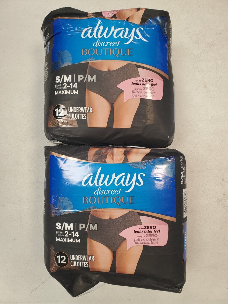 2 Bags of 12: Always Discreet Boutique Underwear *S/M Sizes 2-14* (R9P1b-5356)