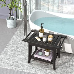 Bamboo Shower Stool Bench Waterproof with Storage Shelf for Shaving Legs or S…