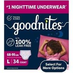 Goodnites Girls Nighttime Bedwetting Underwear, L (68-95 lbs), 34 Count