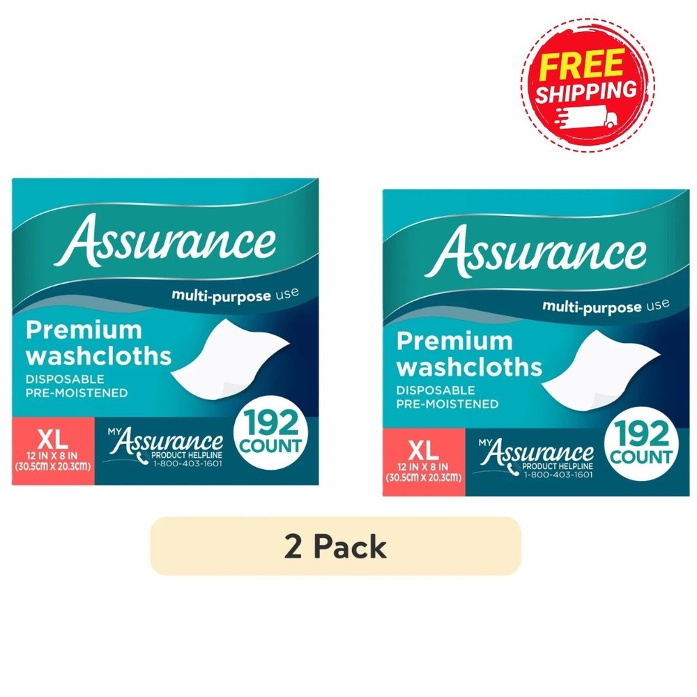 Assurance Premium Disposable Washcloths Pre-Moistened Body Wipes, XL, 192 Ct 2Pk