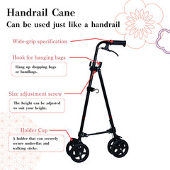 Wheel with brake Cane II Working cane used like a handrail Seniors Adults Black