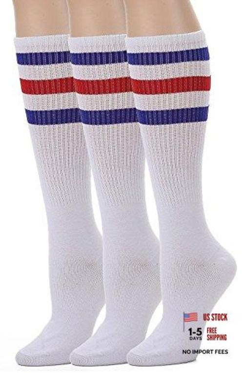 Knee High Tube Socks: Over the Calf Socks One Size C03-3pairs White/Blue/Red