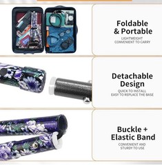 Foldable Walking Cane Floral Printed 5-Level Adjustable Height. Bottoms to Pick