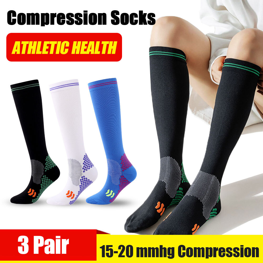 3 Pair Firm Compression Hose Opaque Knee High Wide Calf Black+Blue+White