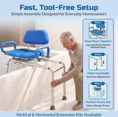 Blue/Silver Aluminum Transfer Bench Swivel Seat Adjustable Padded Backrest Arms