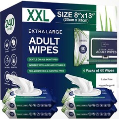 Adult Wipes For Elderly – 8″x13″ 240ct (4 Packs of 6) Huge & Soft Body Wipes