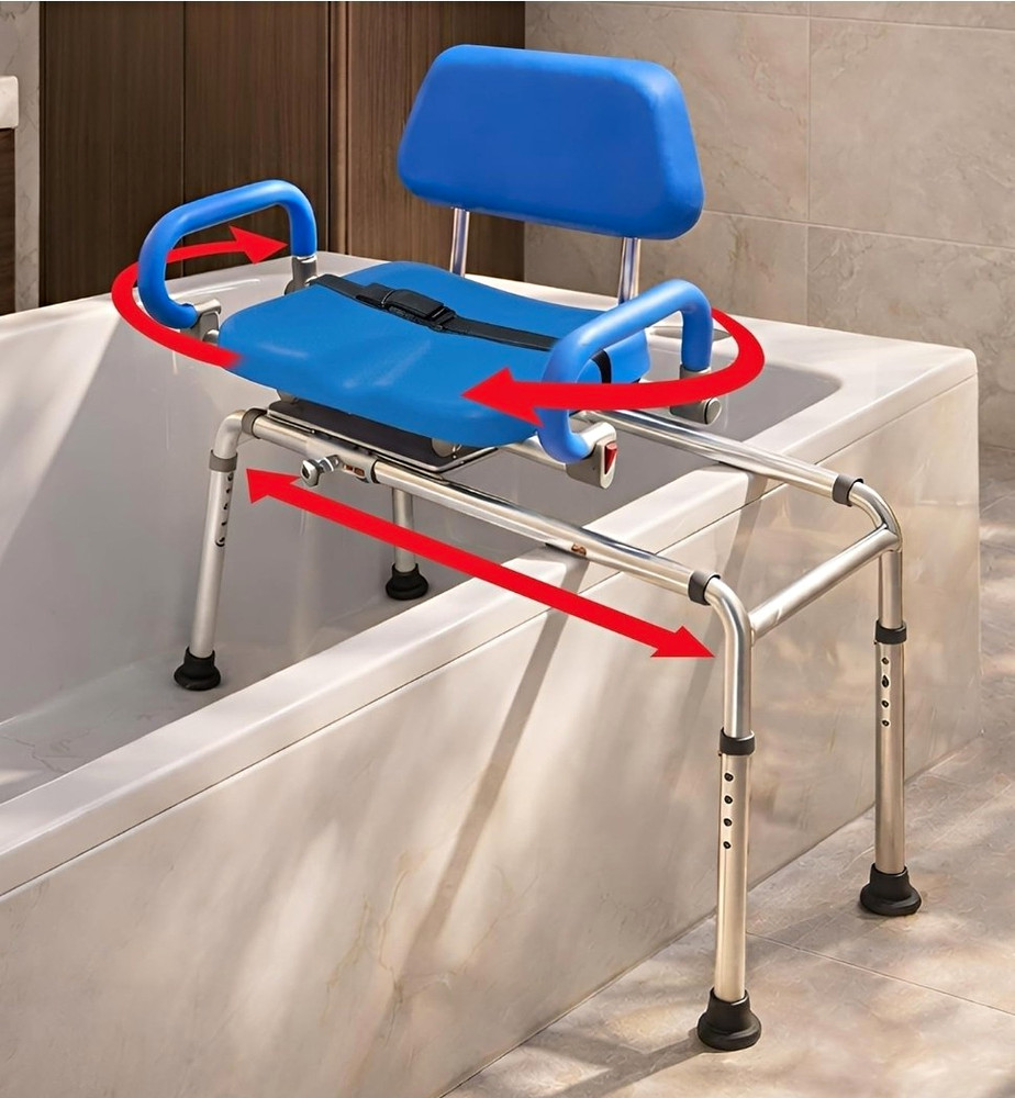 Blue/Silver Aluminum Transfer Bench Swivel Seat Adjustable Padded Backrest Arms