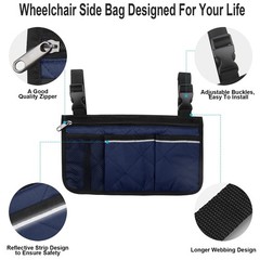 Blue Wheelchair Side Bag Armrest Storage Pouch with Cup Holder Reflective Strip