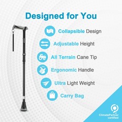 Foldable Adjustable Walking Cane Heavy Duty All Terrain Tip Travel Bag Black